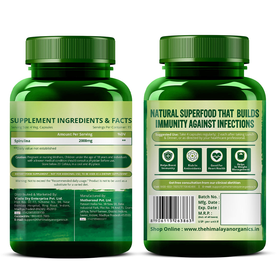 Vlado's Himalayan Organics Spirulina 2000mg Supplement | Plant-Based Superfood | 60 Vegetarian Capsules