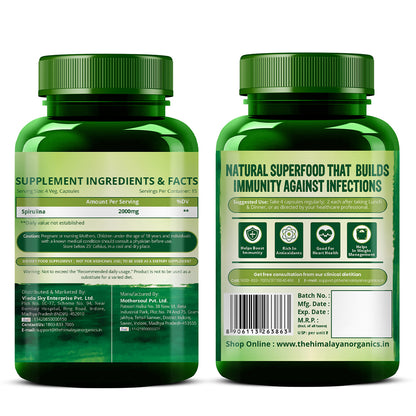 Vlado's Himalayan Organics Spirulina 2000mg Supplement | Plant-Based Superfood | 60 Vegetarian Capsules