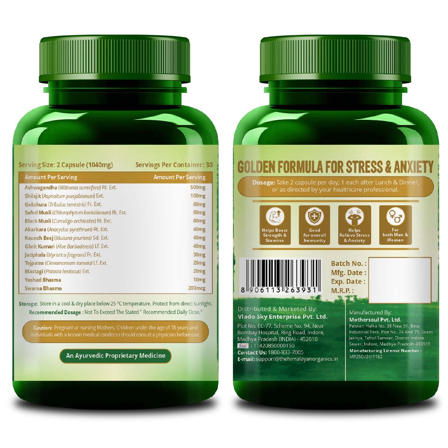 Vlado's Himalayan Organics Ashwagandha Gold Plus with 24-Karat Swarna Bhasma | Blend of Ashwagandha, Shilajit & Herbs | 60 Veg Capsules