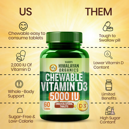 Vlado's Himalayan Organics Vitamin D3 5000 IU Chewable Tablets | Cholecalciferol | Orange Flavour | Dietary Supplement for Men & Women | 60 Tablets