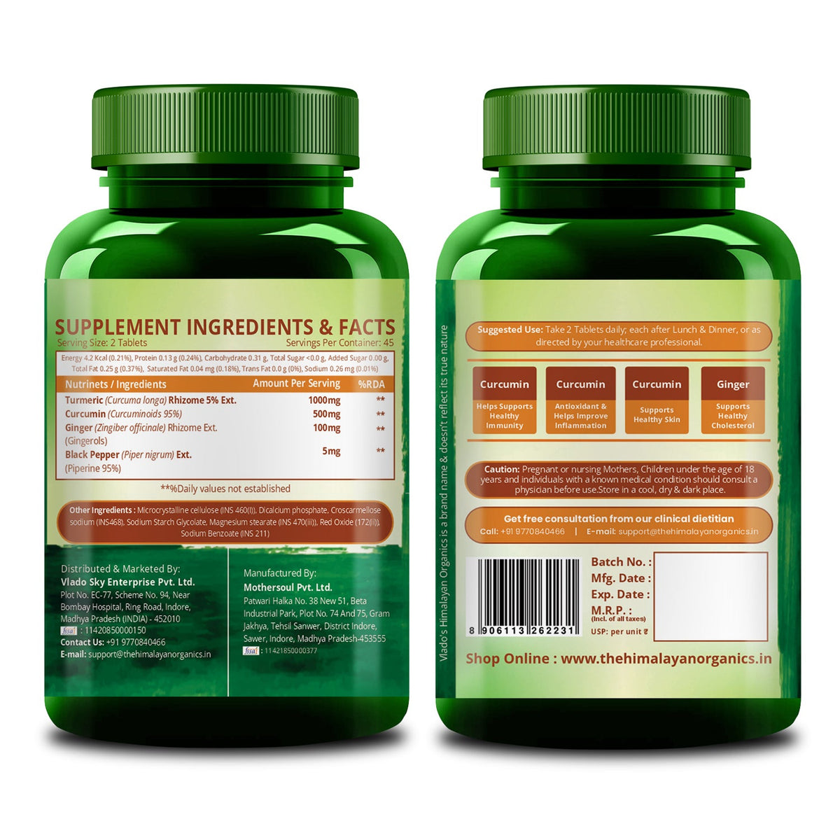 Vlado's Himalayan Organics Curcumin With Biopiperine 1500mg Tablets With 95% Curcuminoids Supplements 90 Veg Tablets