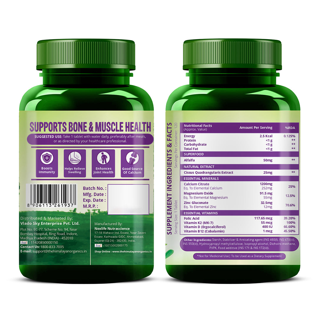 Vlado's Himalayan Organics Alfalfa with Calcium Citrate Malate, Vitamin D, K2, MK-7, B12, Zinc & Magnesium | Bone & Joint Wellness | 120 Veg Tablets