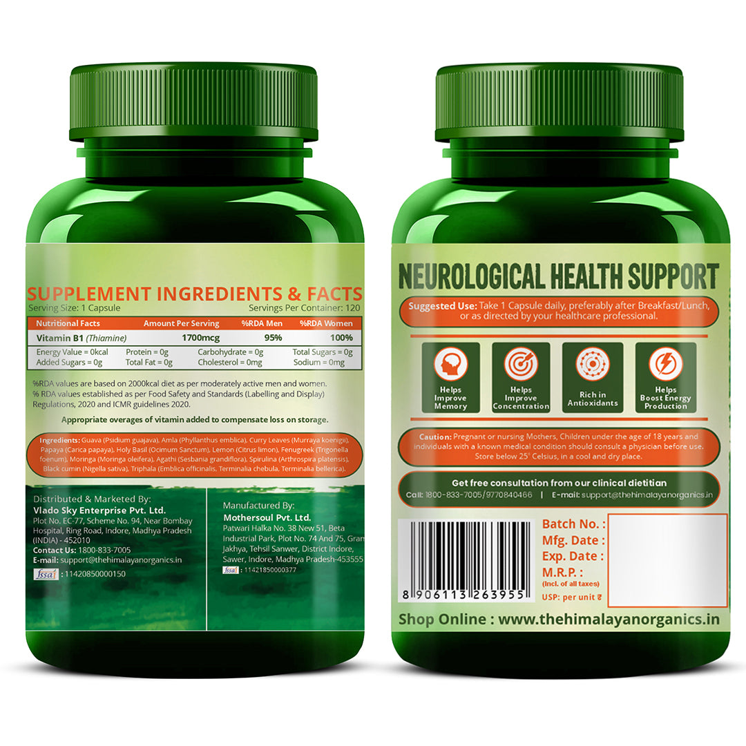 Vlado's Himalayan Organics Plant-Based Vitamin B1 Supplement | 1700mcg Thiamine with 10+ Plant Extracts | 120 Veg Capsules