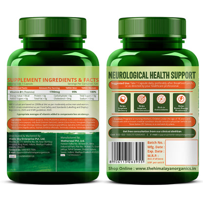 Vlado's Himalayan Organics Plant-Based Vitamin B1 Supplement | 1700mcg Thiamine with 10+ Plant Extracts | 120 Veg Capsules