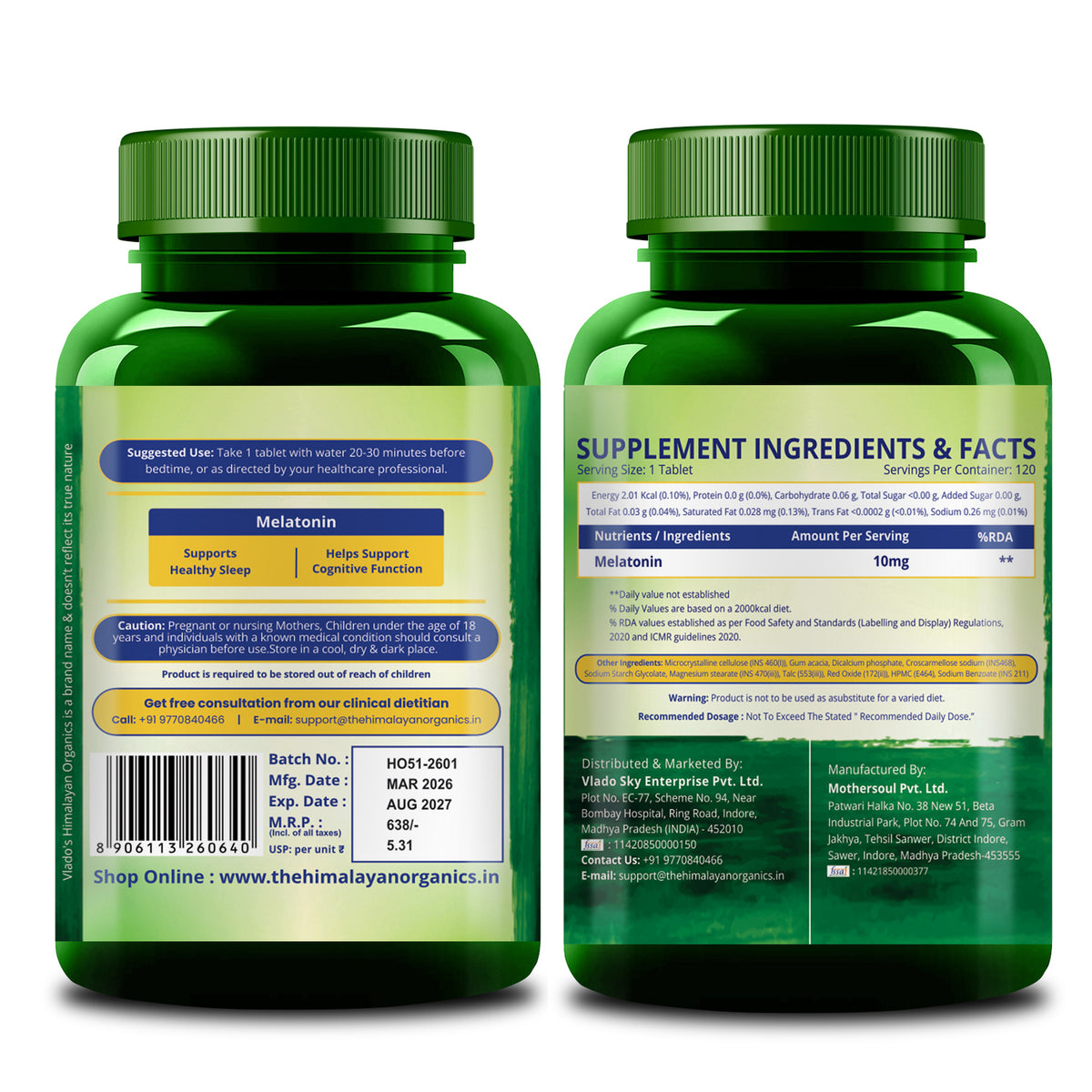 Vlado's Himalayan Organics Melatonin 10mg | Non-Habit Forming Supplement | 120 Veg Tablets