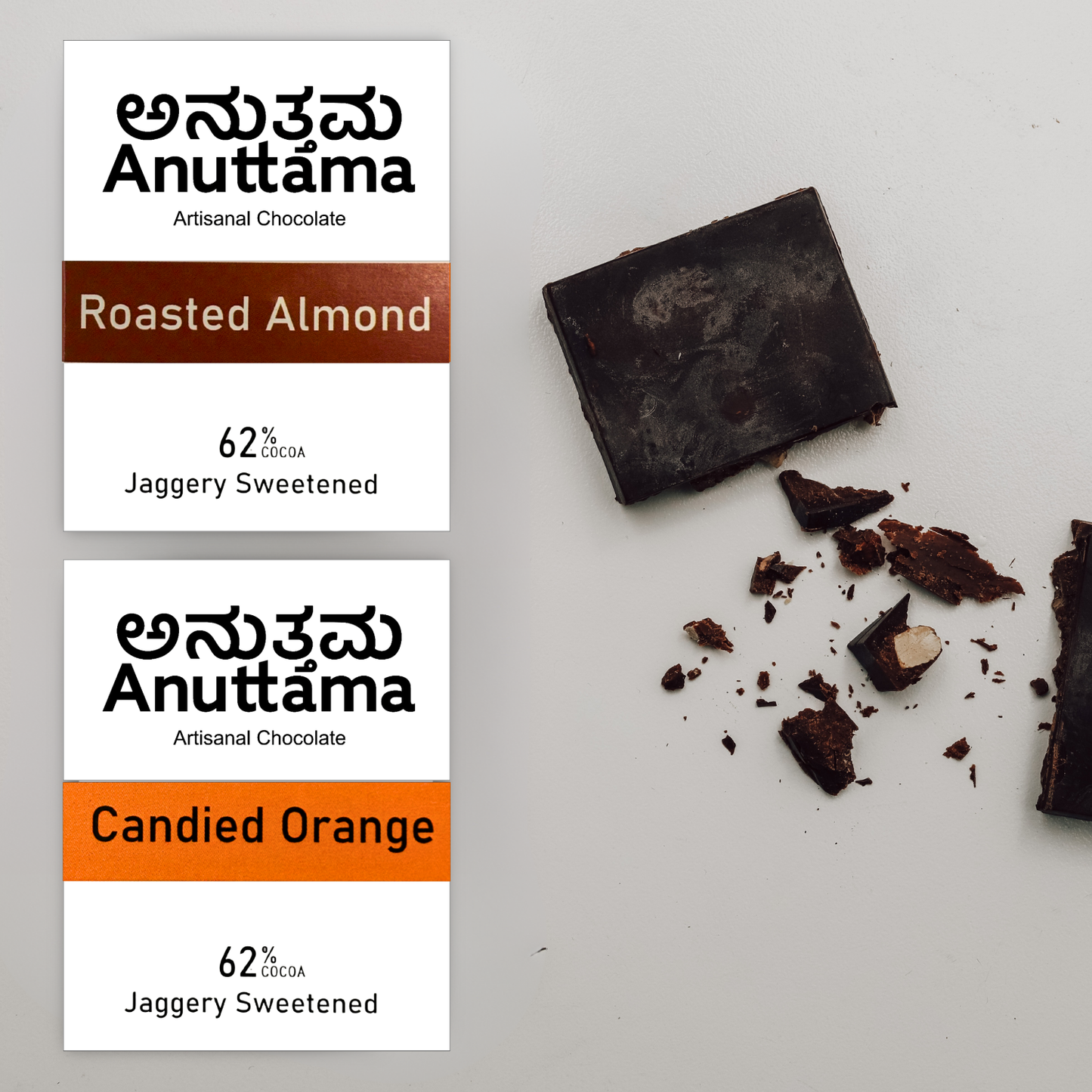 ANUTTAMA Dark Chocolate Pack of 3 | 50% & 62% Cocoa | Chocolate Gift For Valentine's Day | Bella Tharai+Orange+Roasted Almond | Gift Box | Chocolate Bar 50 & 20gm