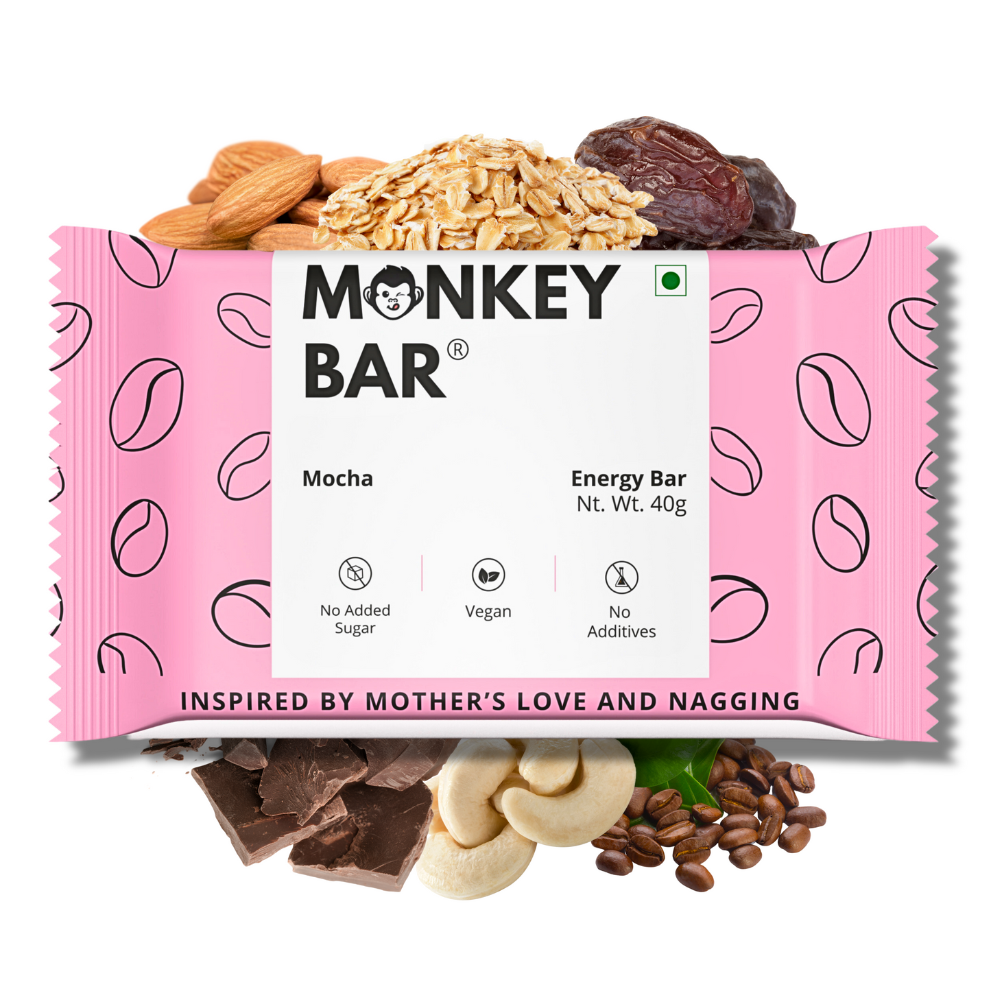 Monkey Bar - MOCHA Energy Bars - No Added Sugar - Pack of 10 (10X40g)