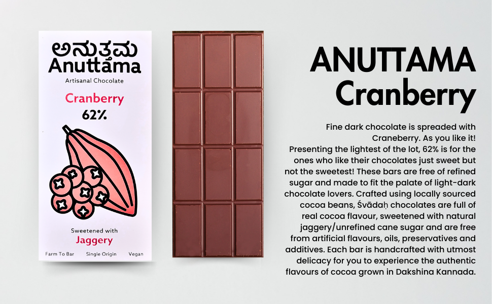 ANUTTAMA Dark Chocolate | 62% Cocoa with Cranberry | Dark Chocolate Sugar Free | No Artificial Flavours and Colors | Natural Chocolate Bar (Pack of-2 Each 50g)