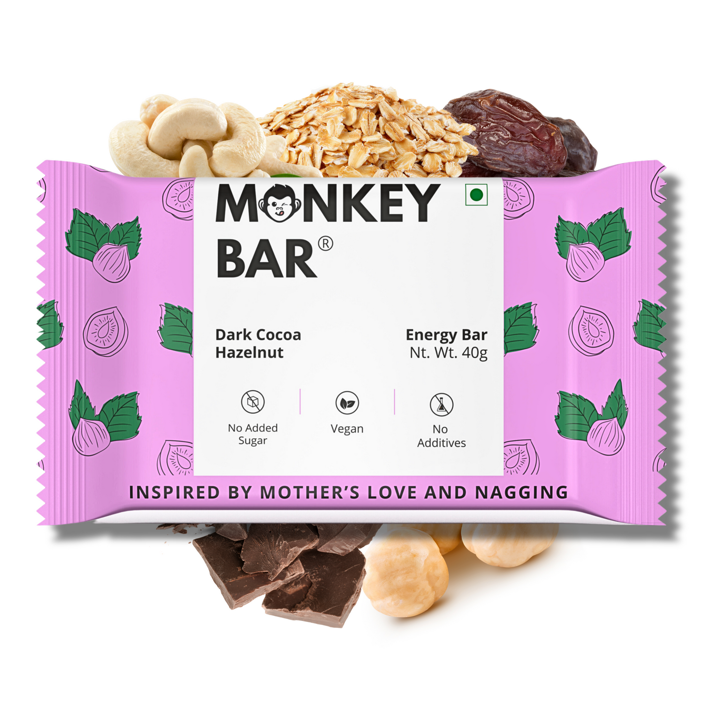 Monkey Bar - DARK COCOA HAZELNUT Energy Bars - No Added Sugar - Pack of 10 (10X40g)