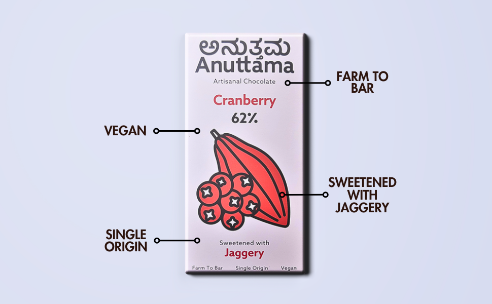 ANUTTAMA Dark Chocolate | 62% Cocoa with Cranberry | Dark Chocolate Sugar Free | No Artificial Flavours and Colors | Natural Chocolate Bar (Pack of-2 Each 50g)