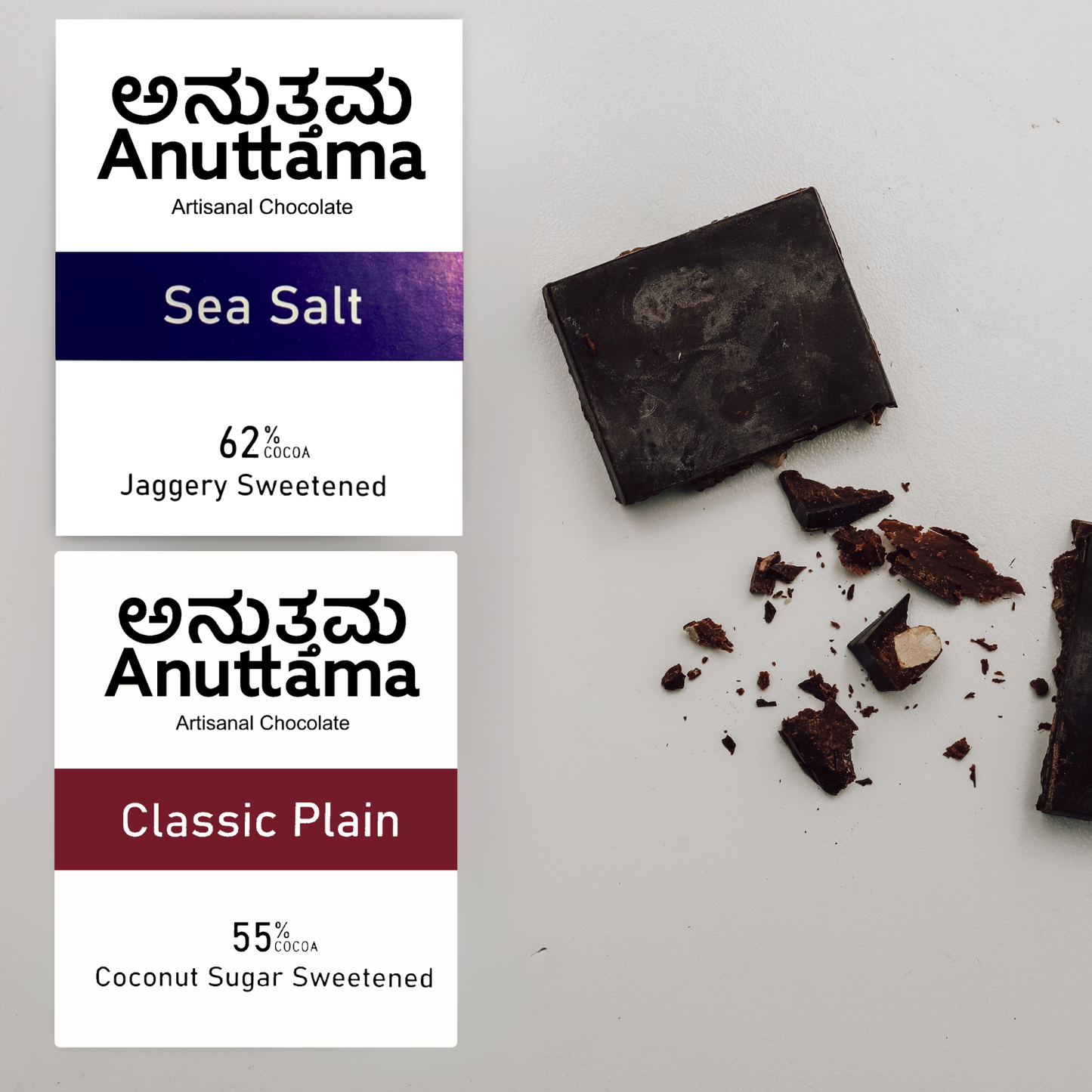 ANUTTAMA Dark Chocolate Pack-3 | 62% & 55% Cocoa | Gift for Valentine's Day | Roasted Almond+Classic Plain+ Sea Salt | Dark Chocolate Gift Pack | Chocolate Bar 50 & 20gm