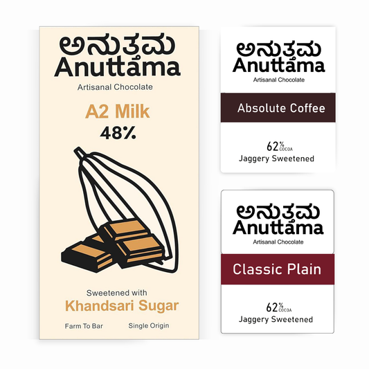 ANUTTAMA Dark Chocolate | 48% & 62% Cocoa Combo Pack-3 | Chocolate Gift For Valentine | A2 Milk + Absolute + Classic | Mini Chocolate Bar 50 & 20gm