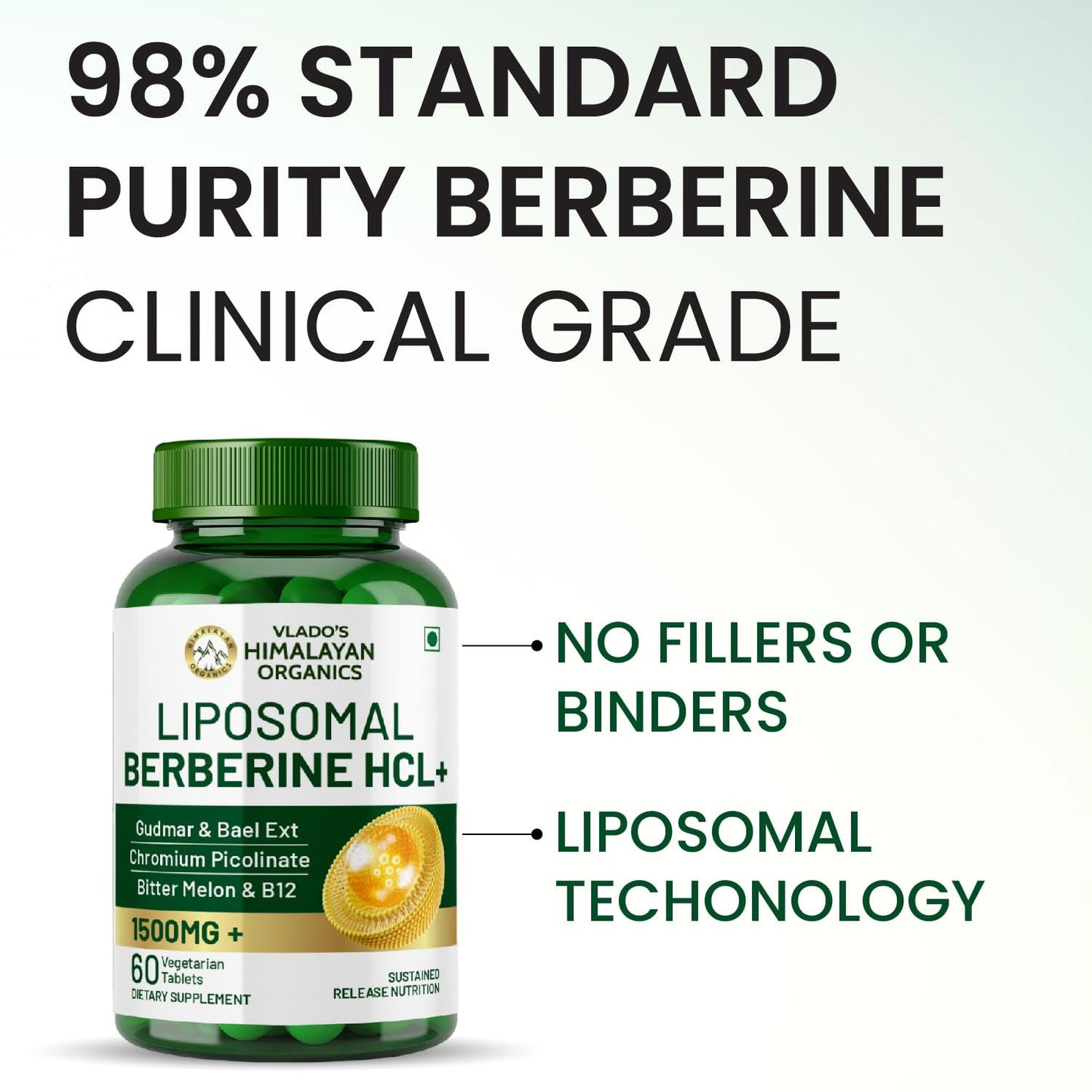 Vlado’s Himalayan Organics Liposomal Berberine HCL+ 1500 mg | With Piperine, Chromium, Bitter Melon, Bael & Gudmar | Advanced Herbal Blend | 60 Veg Tablets