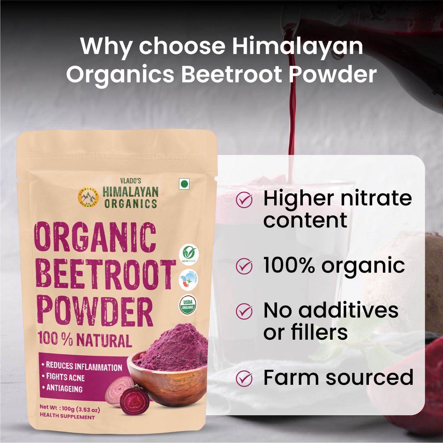 Vlado’s Himalayan Organics Beetroot Powder | 100% Pure & Natural | 100g
