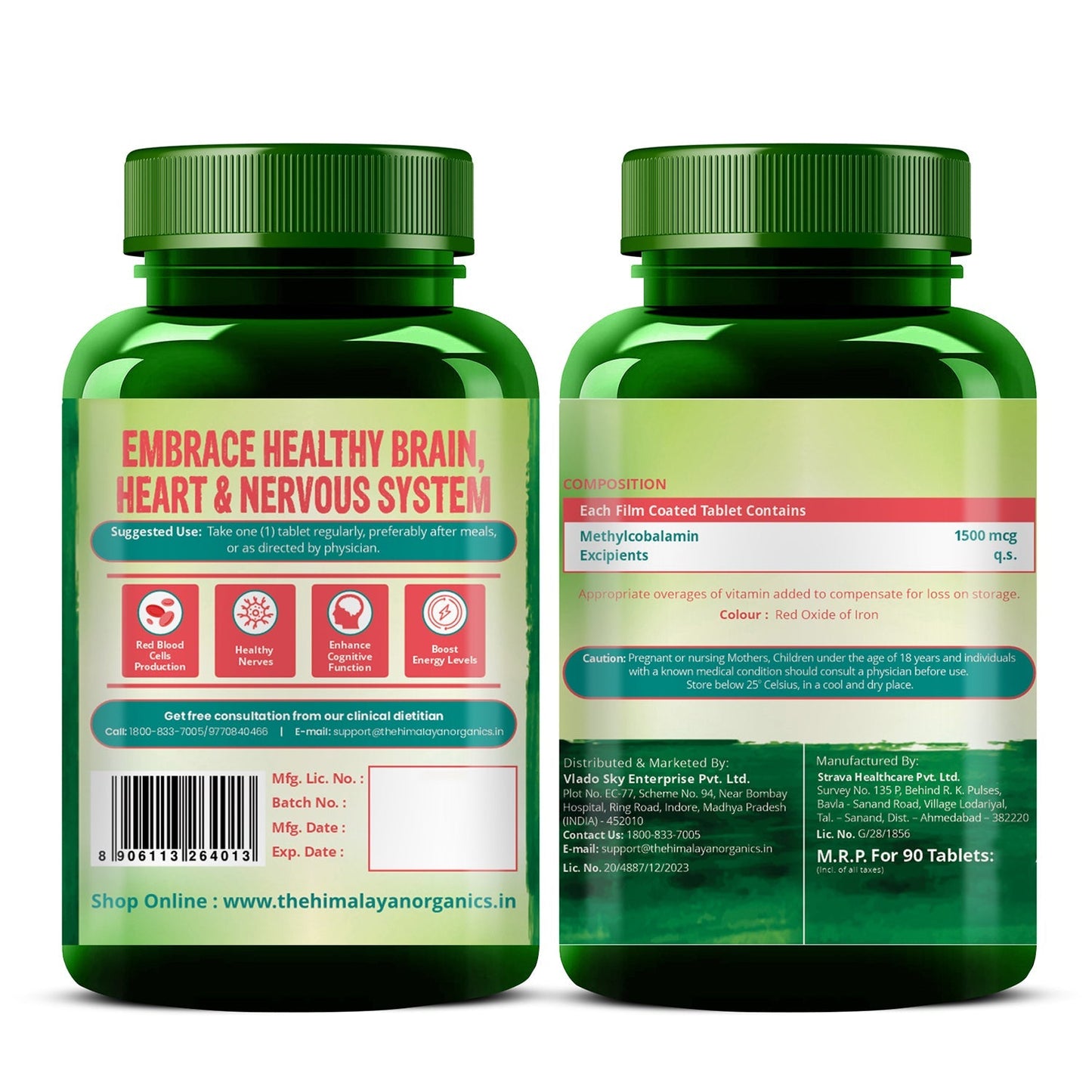 Vlado's Himalayan Organics Methylcobalamin Vitamin B12 1500mcg - 90 Veg Tablets