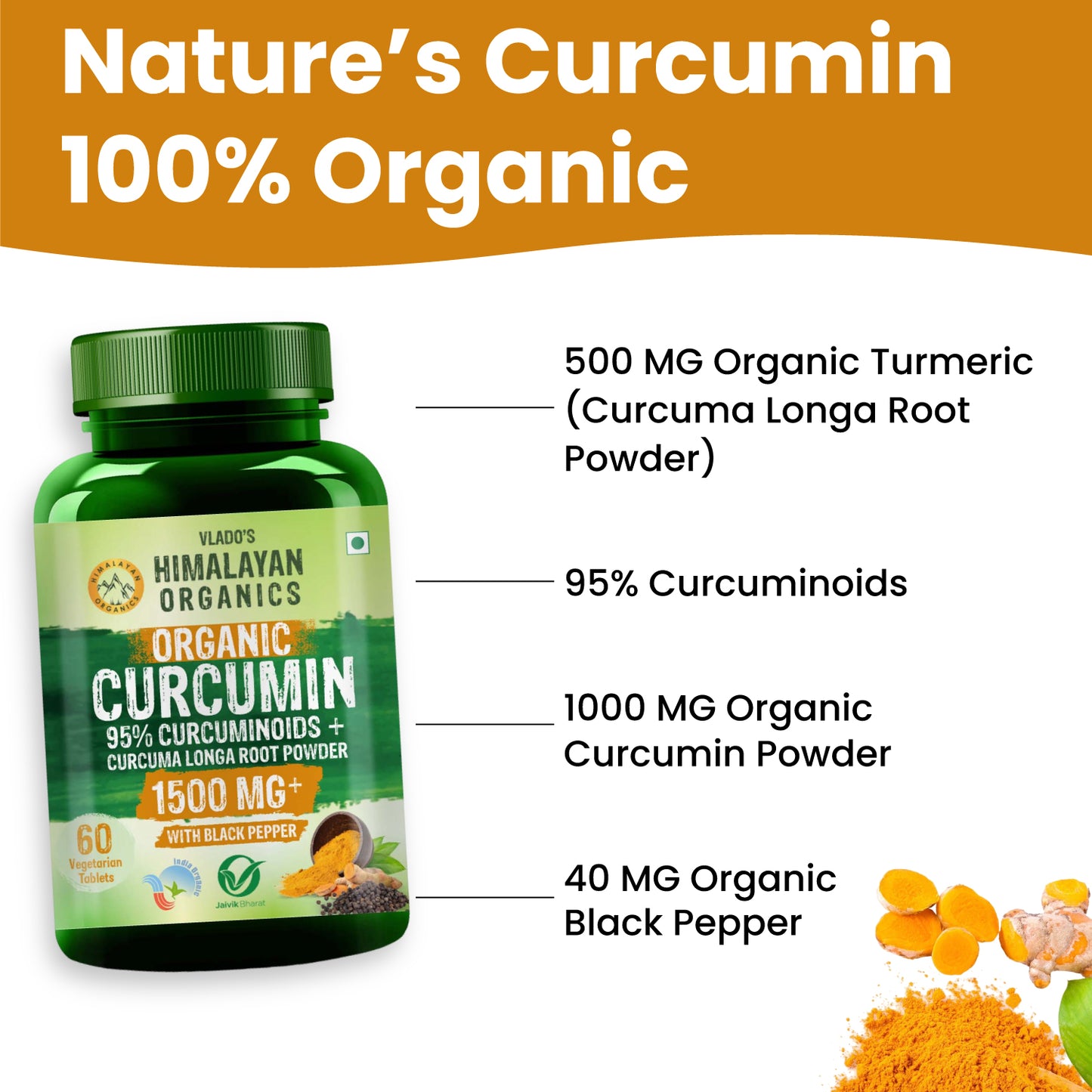 Vlado's Himalayan Organics Organic Curcumin Tablets with Black Pepper & 95% Curcuminoids | 1500+ mg per Serving | 60 Veg Tablets