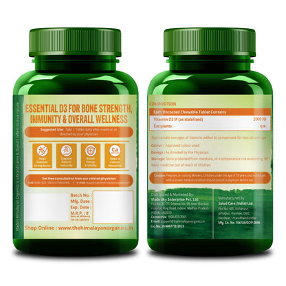 Vlado's Himalayan Organics Vitamin D3 2000 IU Chewable Tablets | Cholecalciferol | Orange Flavour | Dietary Supplement for Men & Women | 60 Tablets