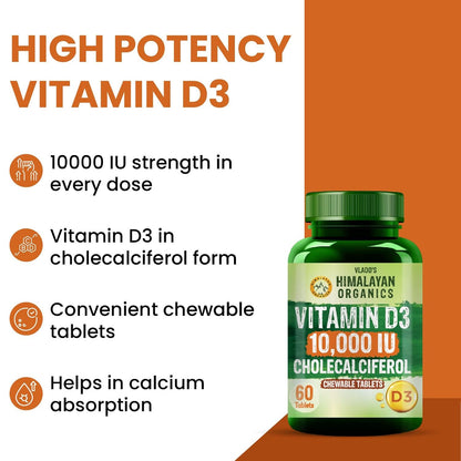 Vlado’s Himalayan Organics Vitamin D3 10,000 IU | Chewable Cholecalciferol Tablets | Vitamin D3 Supplement | Orange Flavour | 60 Tablets
