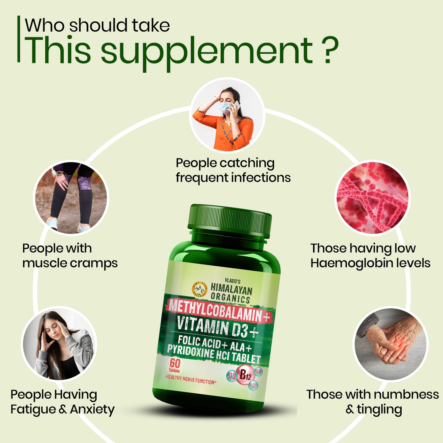 Vlado's Himalayan Organics Vitamin B12 1500 mcg with Vitamin D3 | Methylcobalamin, Alpha Lipoic Acid & Folic Acid | Dietary Supplement for Men & Women | 60 Tablets