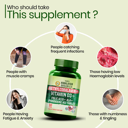 Vlado's Himalayan Organics Vitamin B12 1500 mcg with Vitamin D3 | Methylcobalamin, Alpha Lipoic Acid & Folic Acid | Dietary Supplement for Men & Women | 60 Tablets