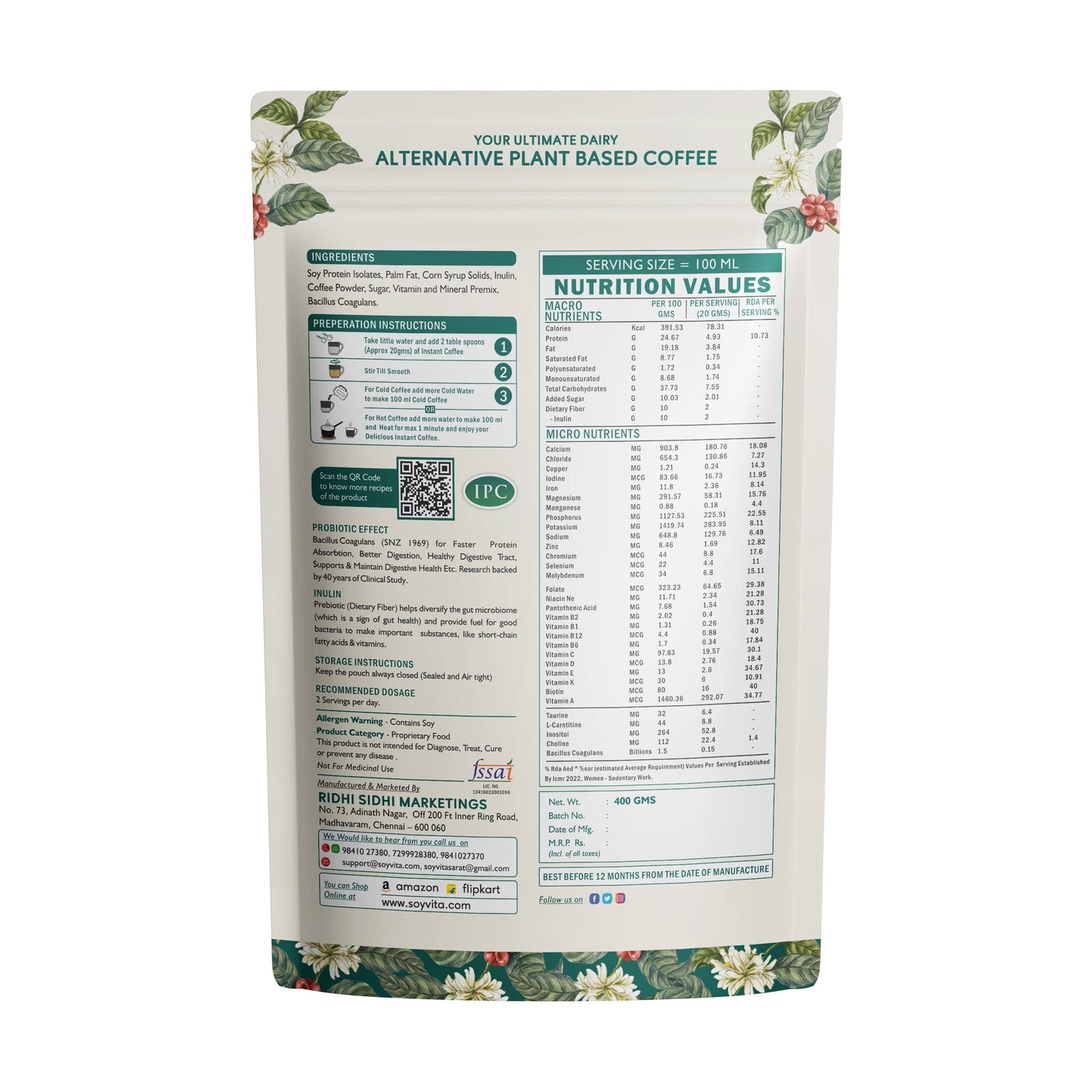 Soyvita Plant Based Instant Coffee Premix | With prebiotics & Probiotics | Serves – 20 (400 Gms)