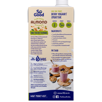 So Good Almond Fresh, Natural Unsweetened Beverage, 1Lit