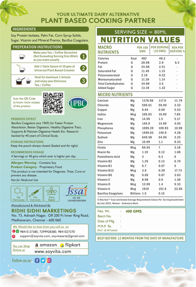 Soyvita Universal Plant Based Creamer with Probiotics | Serves – 40 (400 Gms)