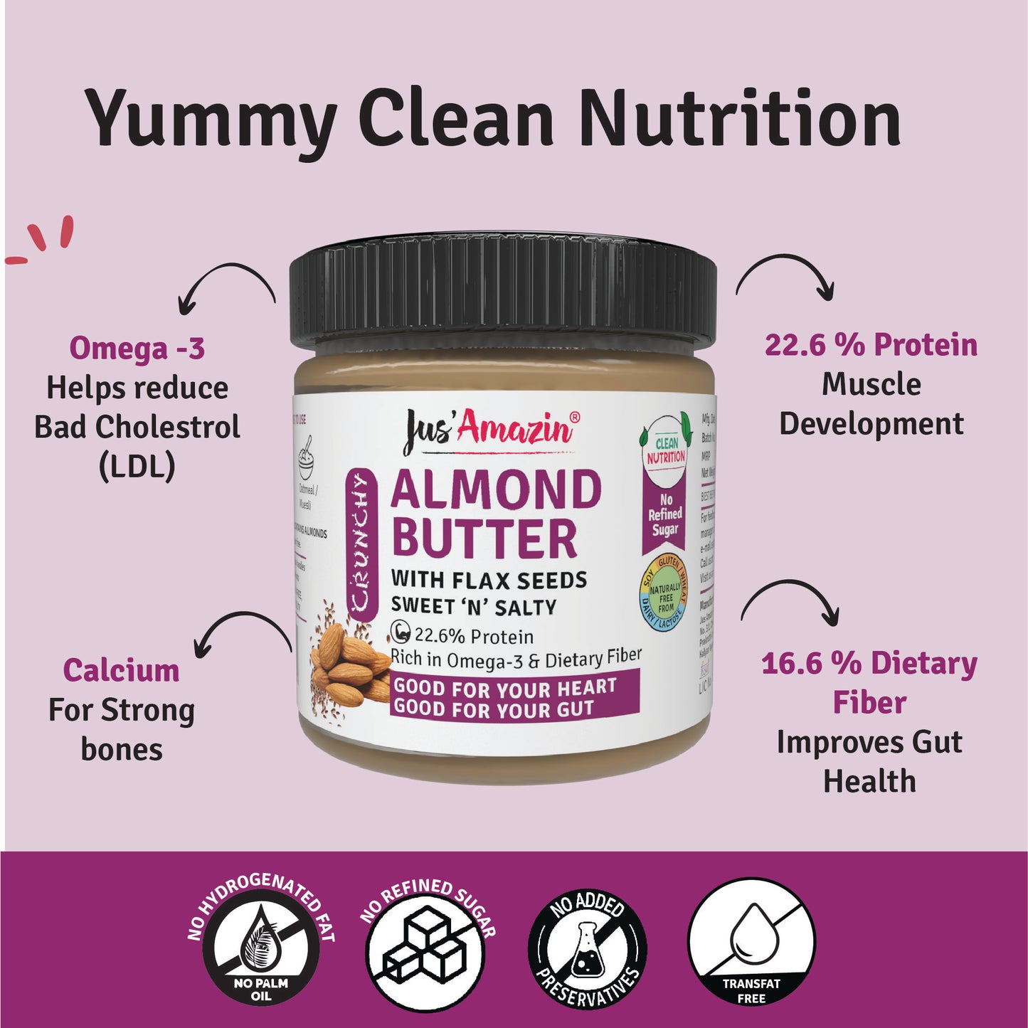 Jus Amazin Crunchy Almond Butter – With Flaxseeds (200g)