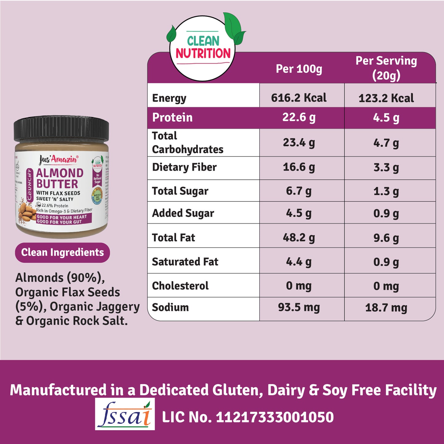 Jus Amazin Crunchy Almond Butter – With Flaxseeds (200g)