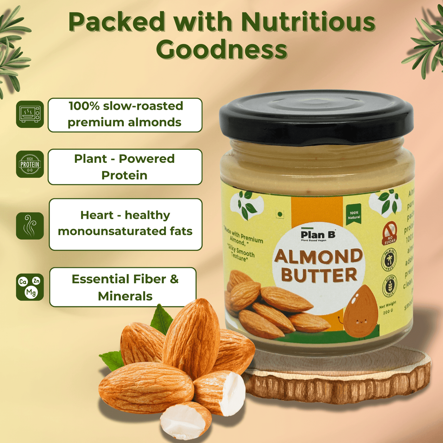 Plan B Natural Almond Butter | Creamy, Vegan, No Added Sugar | High Protein Nut Butter | Gluten-Free & Dairy-Free Healthy Spread | 100% Roasted Almonds | 200g Jar