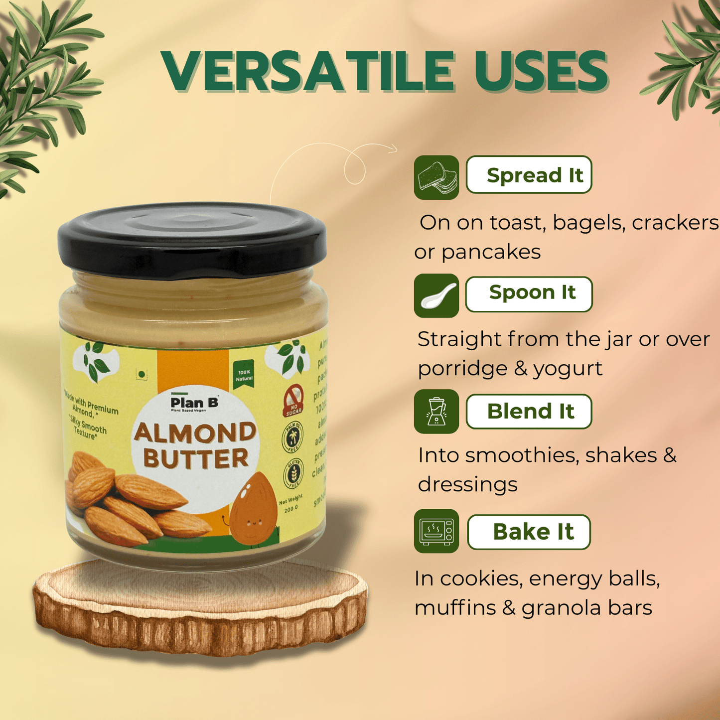 Plan B Natural Almond Butter | Creamy, Vegan, No Added Sugar | High Protein Nut Butter | Gluten-Free & Dairy-Free Healthy Spread | 100% Roasted Almonds | 200g Jar
