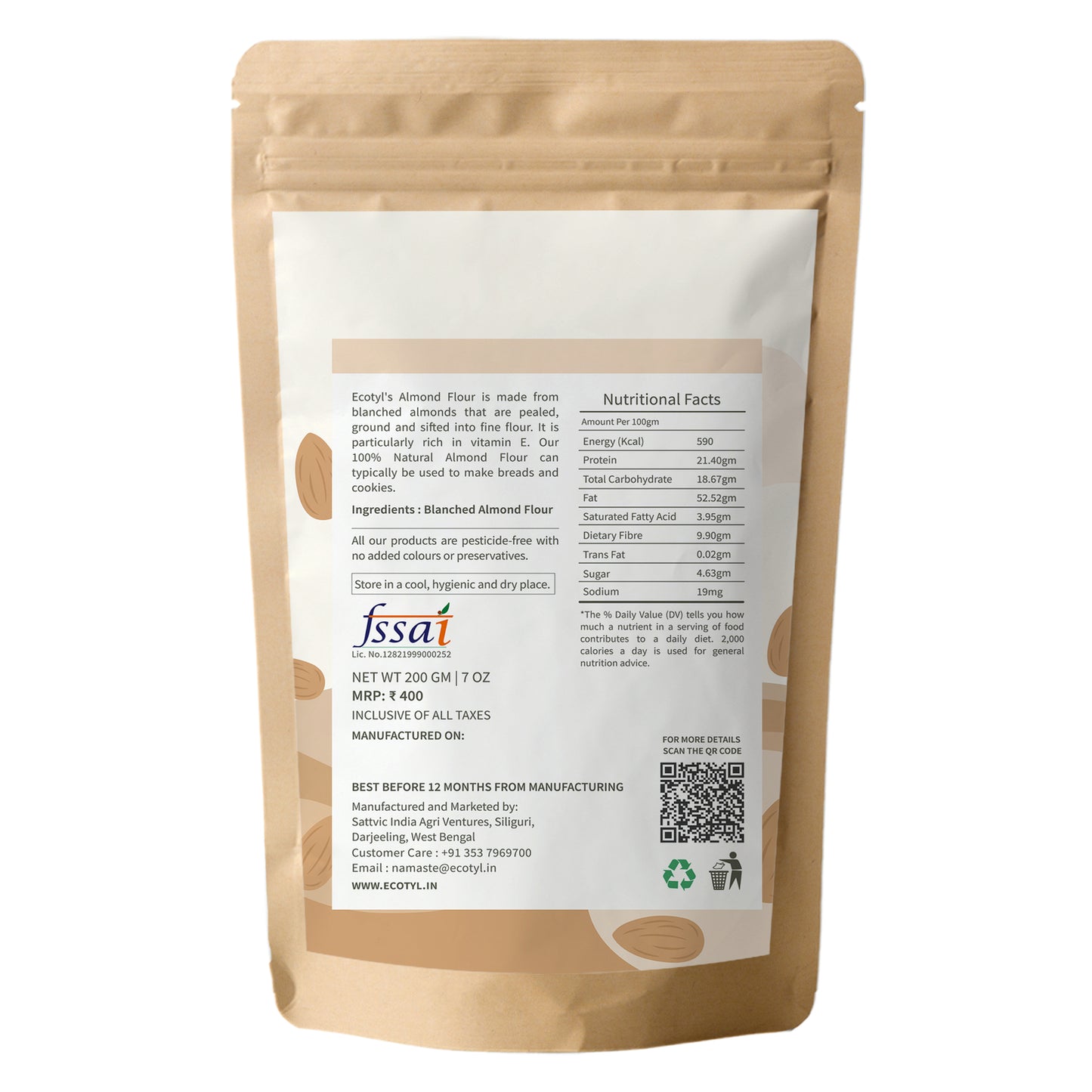 Ecotyl Almond Flour (Blanched) | Gluten Free | Keto Friendly | 200g
