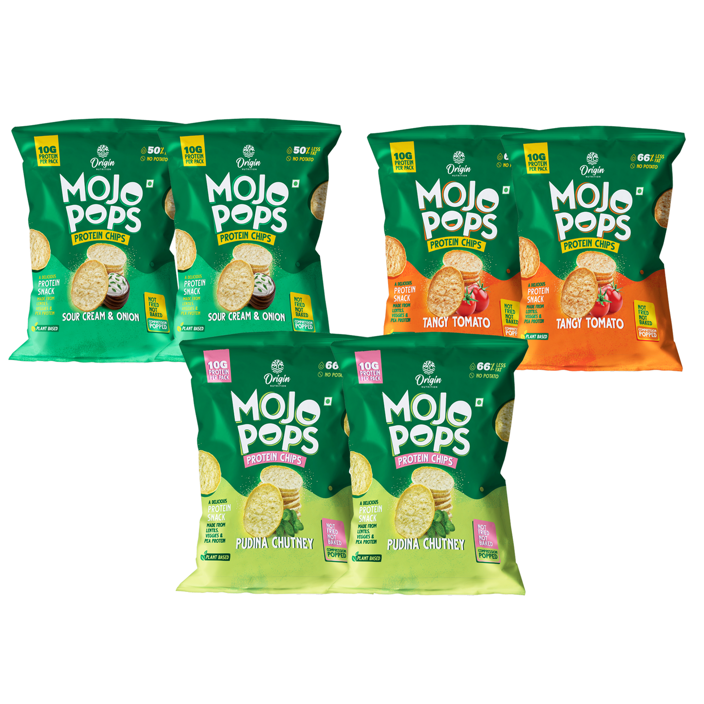 Origin Nutrition Mojo Pops Protein Chips in Assorted flavours 30g ( Pack of 6 ) (Compression Popped, 10g protein/pack)