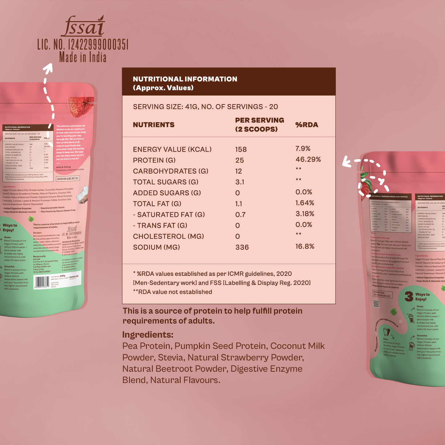 Origin Nutrition 100% Natural Plant Protein Powder Strawberry Flavour with 25g Protein Per Serving , 830g