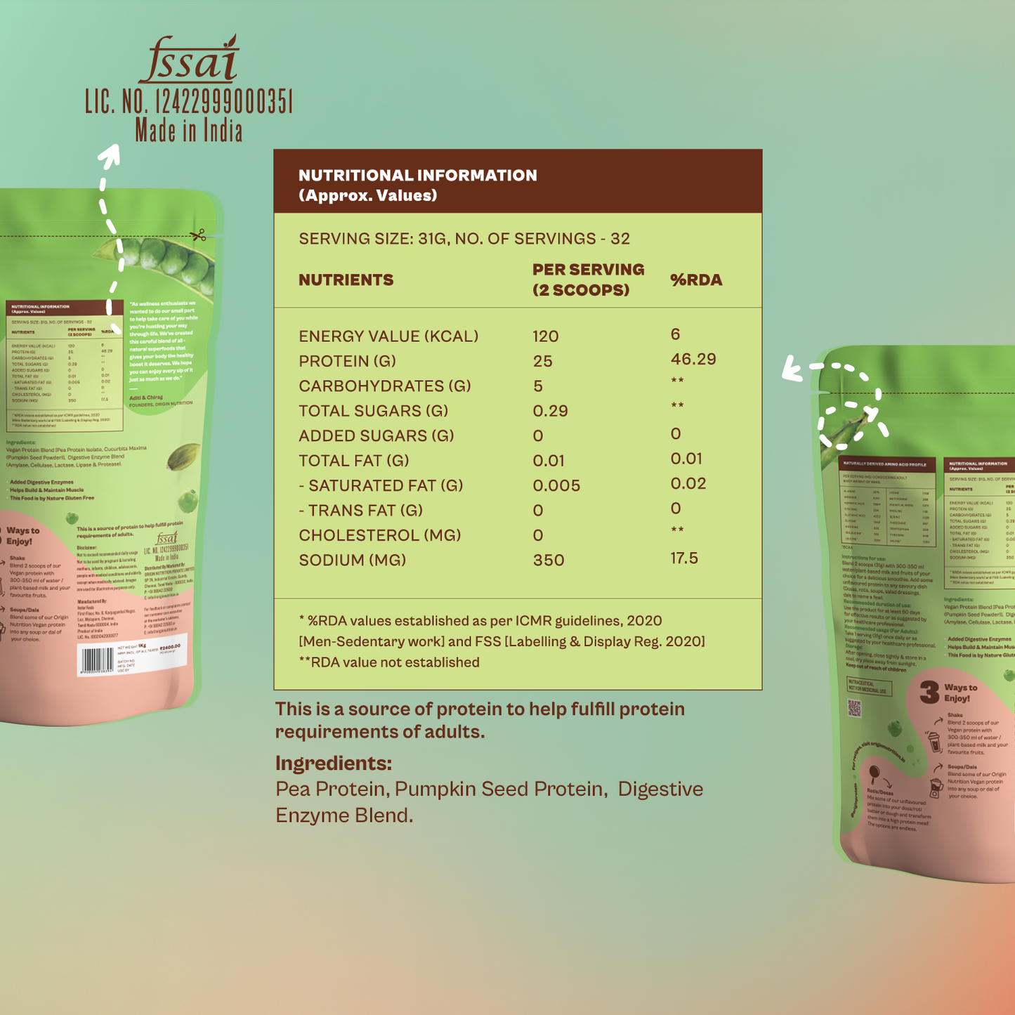Origin Nutrition 100% Natural Plant Protein Powder Unflavoured with 25g Protein Per serving ,  1Kg
