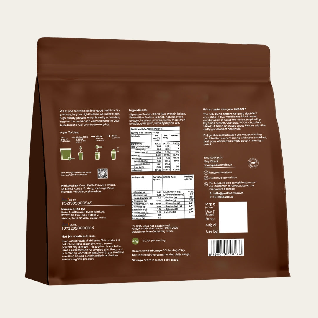 POD NUTRITION Pea Protein Isolate Powder | Vegan Plant Protein, No Added Sugar, Dairy Free| Clean & Easy to Digest with Essential Amino Acids (1kg, Chocolate Hazelnut)