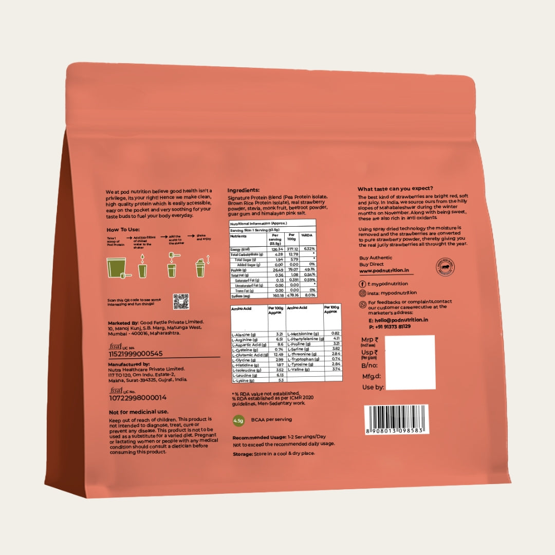 Pea Protein Isolate Powder | Vegan Plant Protein, No Added Sugar, Dairy Free| Clean & Easy to Digest with Essential Amino Acids (1kg Pouch, Real Strawberry)