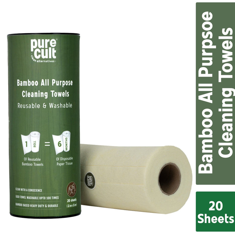 PureCult  Bamboo Reusable & Washable All Purpose Cleaning Towel Roll 20 sheets (22cm x 24cm)