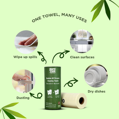 PureCult  Bamboo Reusable & Washable All Purpose Cleaning Towel Roll 20 sheets (22cm x 24cm)