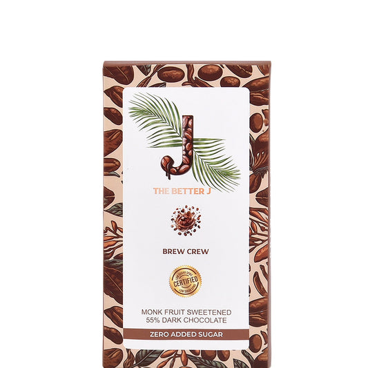 Brew Crew coffee-flavored vegan dark chocolate bar with bold espresso notes and low sugar spike by The Better J