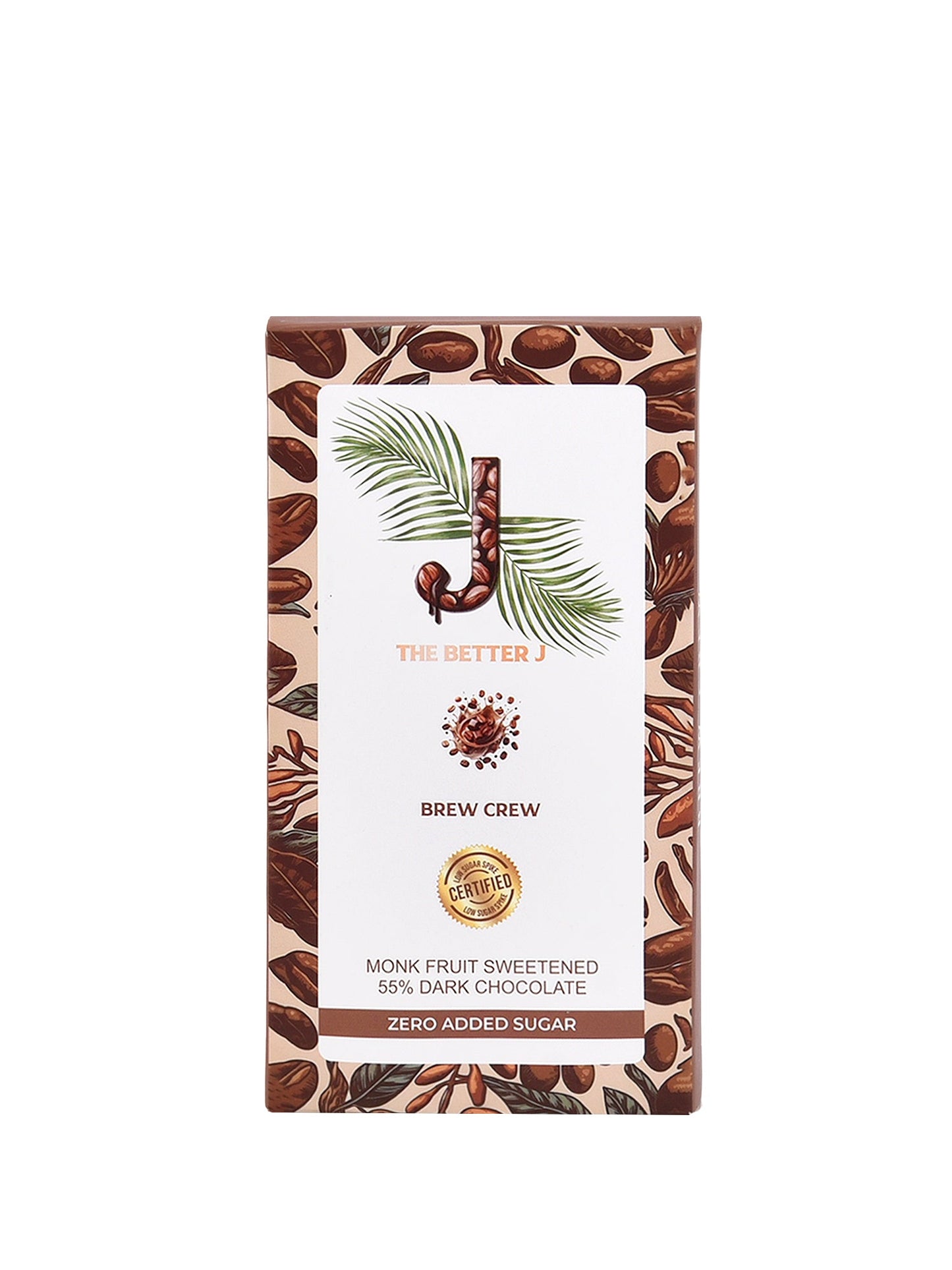 Brew Crew coffee-flavored vegan dark chocolate bar with bold espresso notes and low sugar spike by The Better J