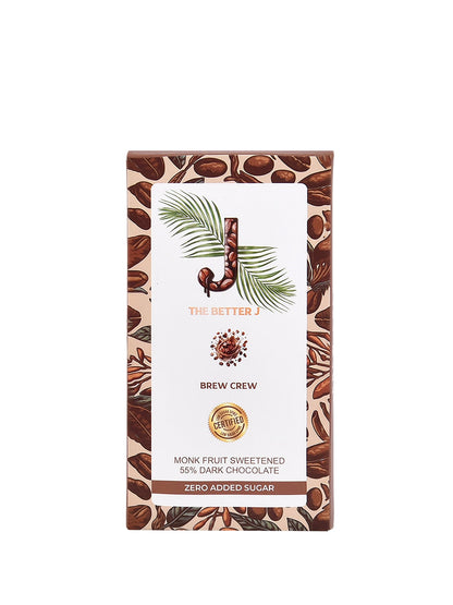 Brew Crew coffee-flavored vegan dark chocolate bar with bold espresso notes and low sugar spike by The Better J