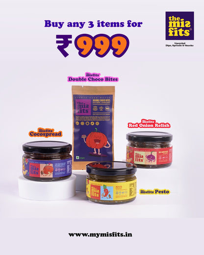 The Misfits: Cocospread, Double Choco Bites, Pesto with Moringa, Red Onion Relish (Pick any 3 of your choice)