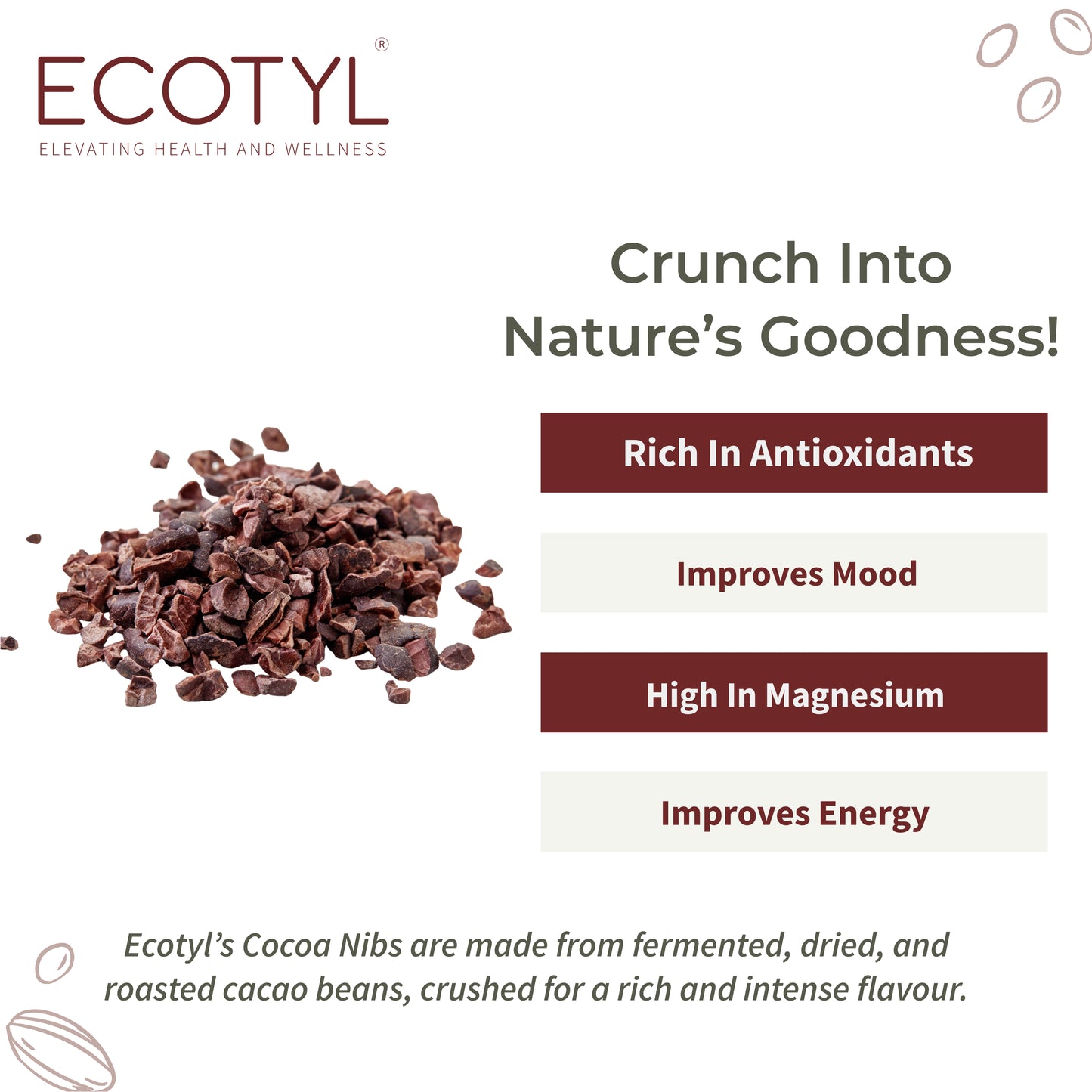 Ecotyl Cacao Nibs | Crunchy & Nutritious | High in Magnesium | 125g