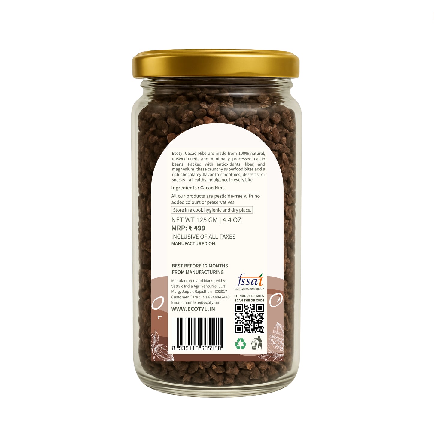 Ecotyl Cacao Nibs | Crunchy & Nutritious | High in Magnesium | 125g