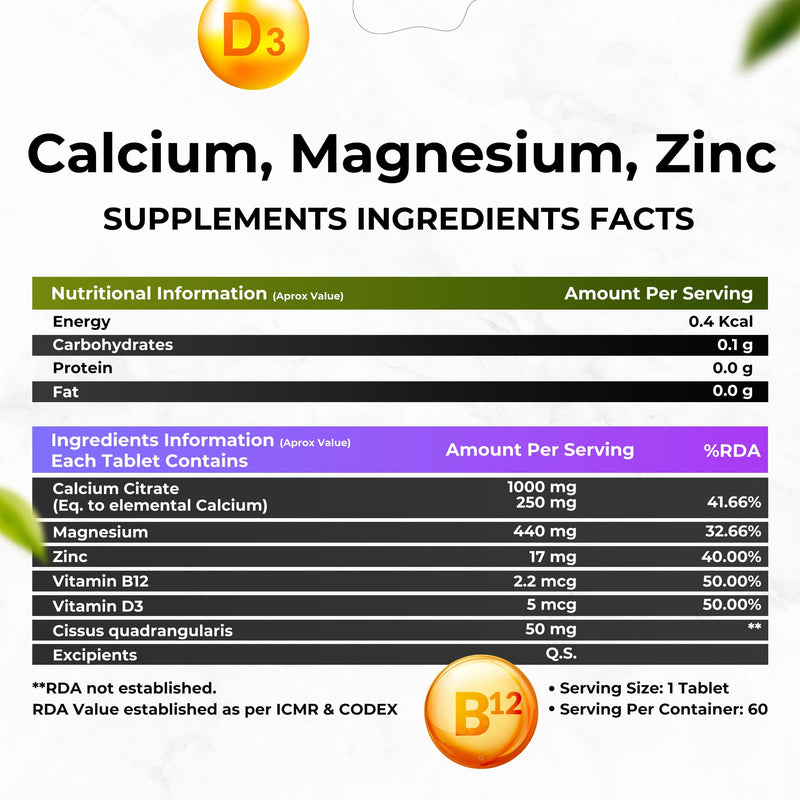 Health Veda Organics Calcium, Magnesium, Zinc with Vitamin D3 & B12, 1000mg I 60 Veg Tablets | Support Strong Bones, Joints & Muscles | For Both Men & Women