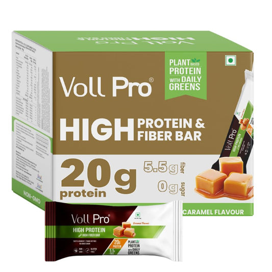 Voll Pro Plant Protein Bar with Daily Greens | Caramel Flavor | Sugar Free Bar With 20g Plant Protein, and Fiber 5.5g | Non-GMO | Gluten & Trans Fat Free | Each Bar Of 50g