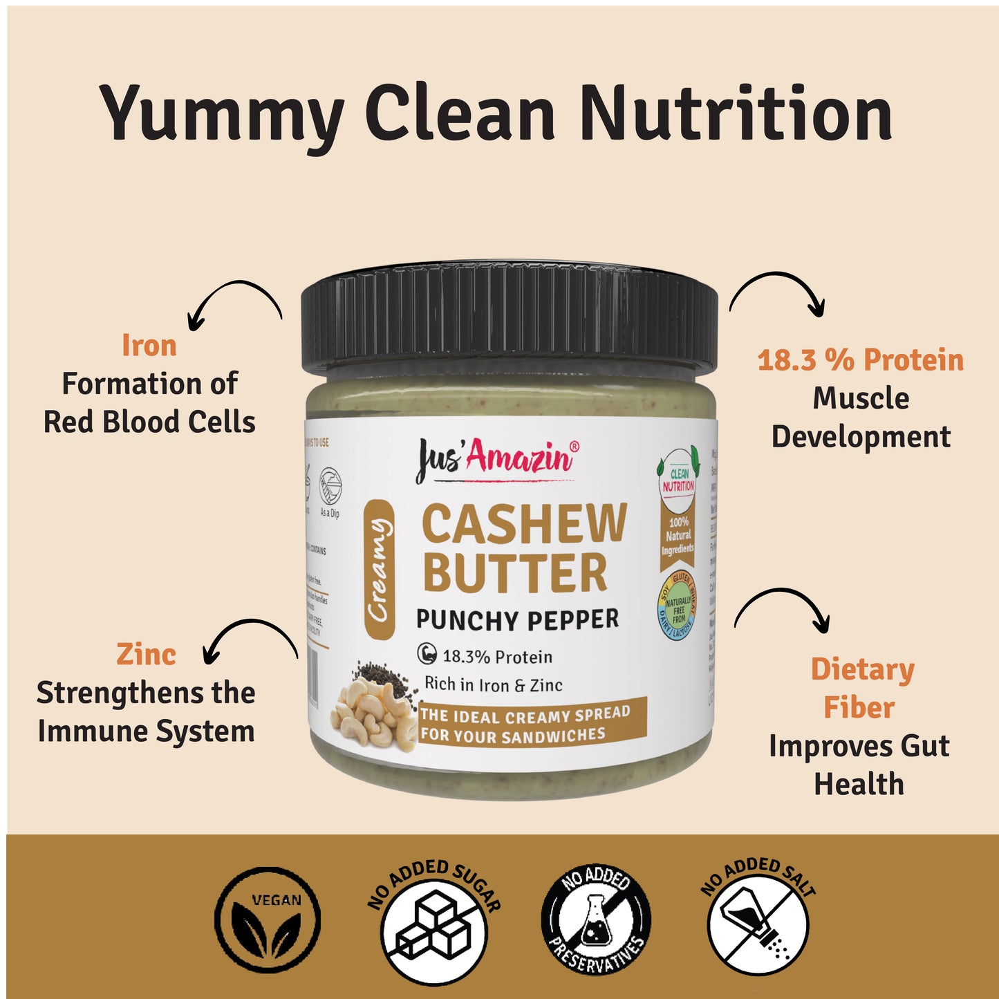 Jus Amazin Creamy Cashew Butter – Punchy Pepper (200g)