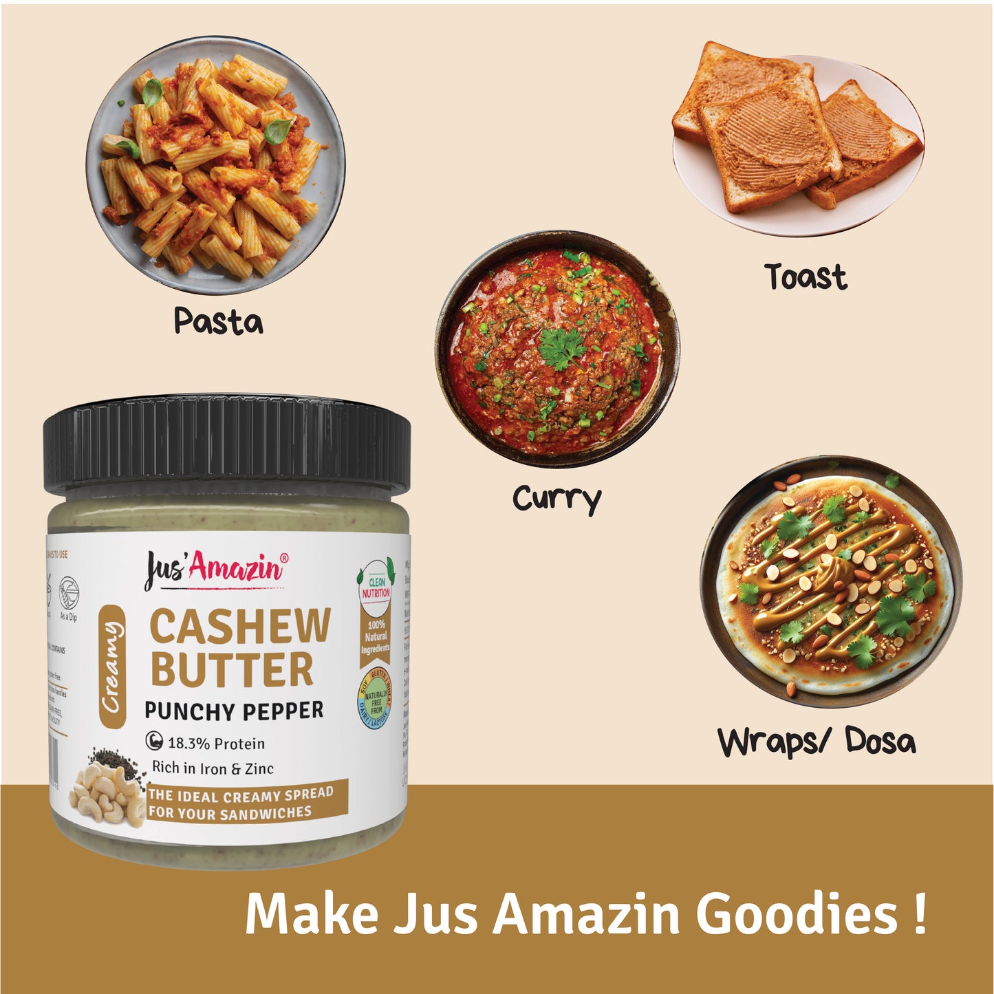 Jus Amazin Creamy Cashew Butter – Punchy Pepper (200g)