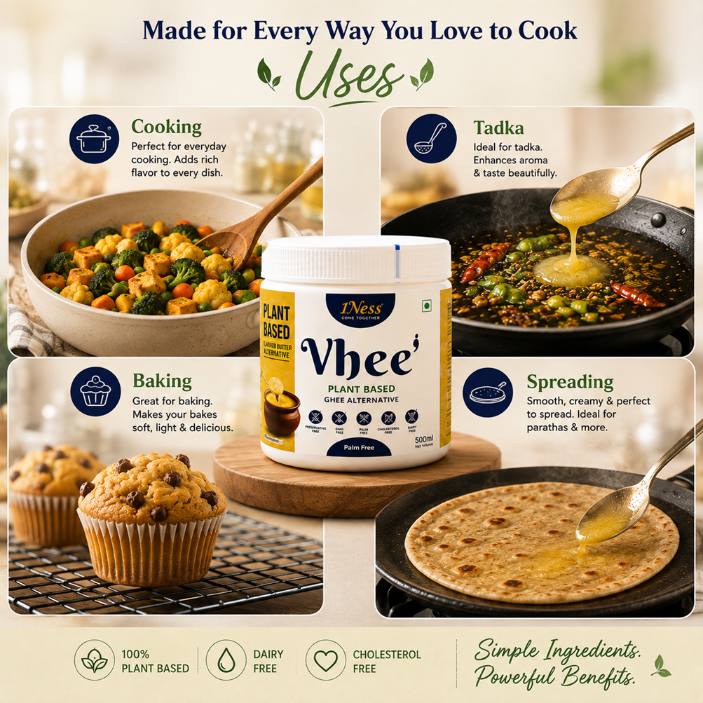 1Ness Vhee Plant Based Ghee Alternative, Dairy Free, Lactose Free, Cholesterol Free & Palm Oil Free, for Cooking, Tadka, Frying & Baking, 500ml